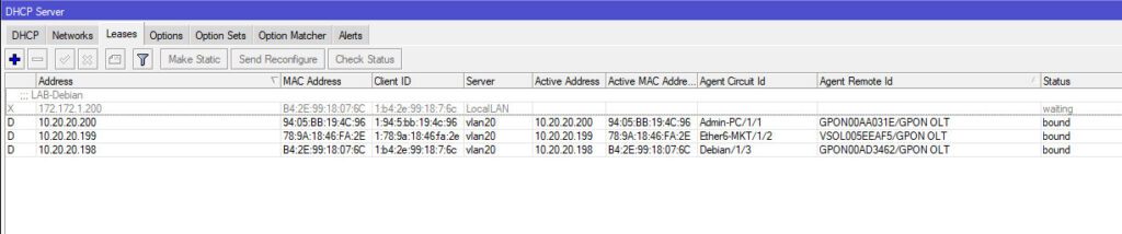 Mikrotik DHCP Leases výsledek
