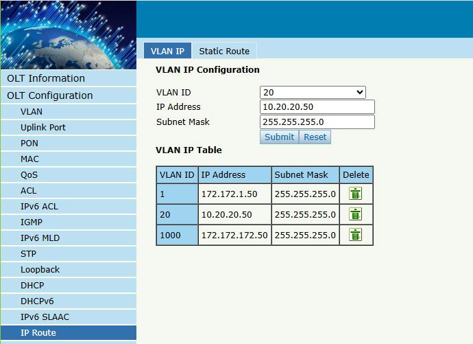 IP Route nastavení VLAN